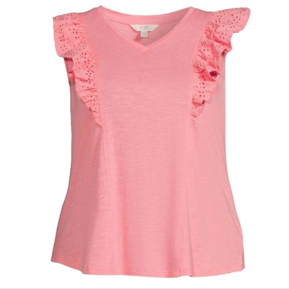 Women 2X Pink Eyelet Ruffle Sleeve Top V Neck Casual Summer Shirt Lightweigh NEW